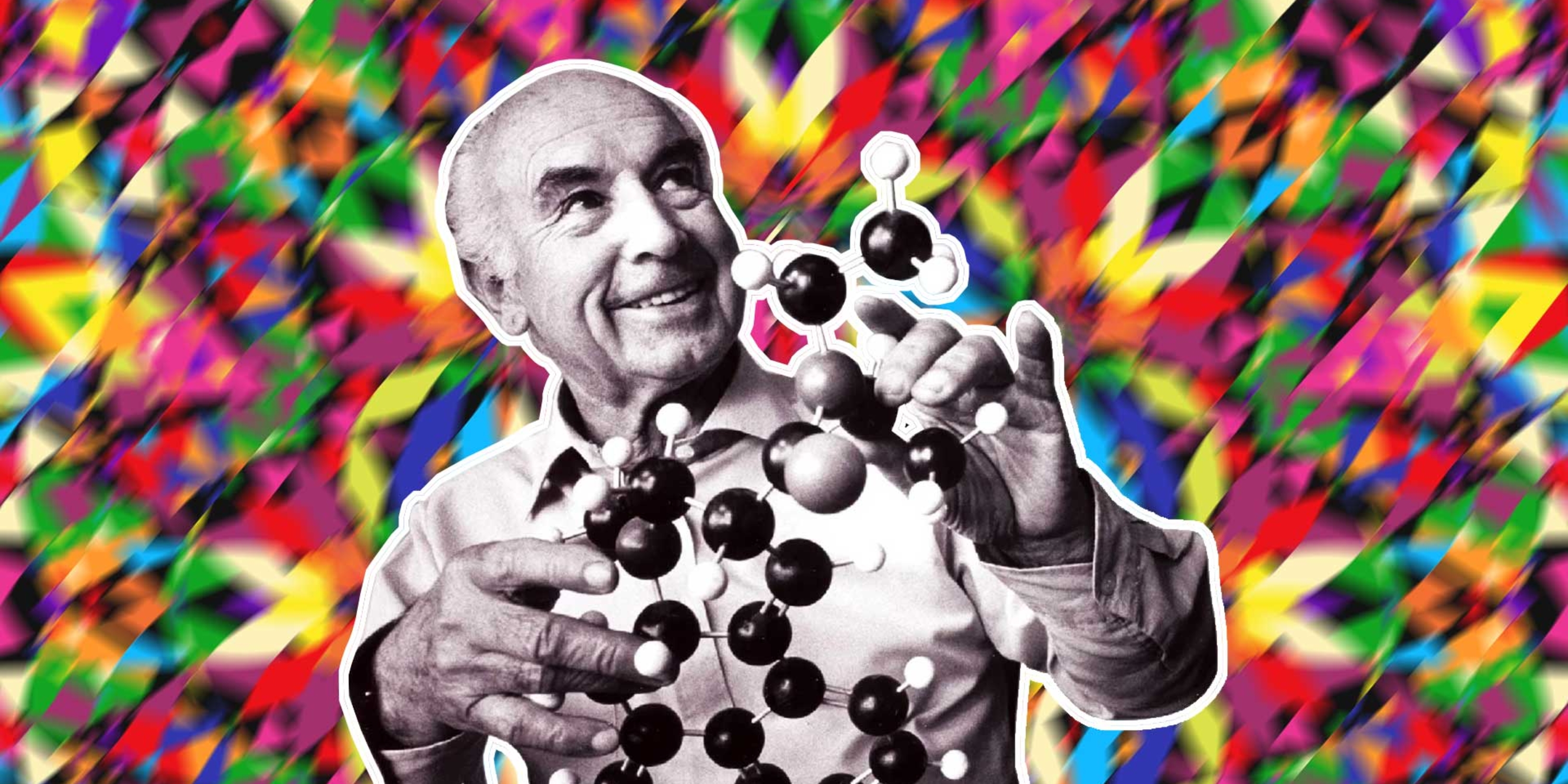 Albert Hofmann holding model of LSD, background is bright color collage