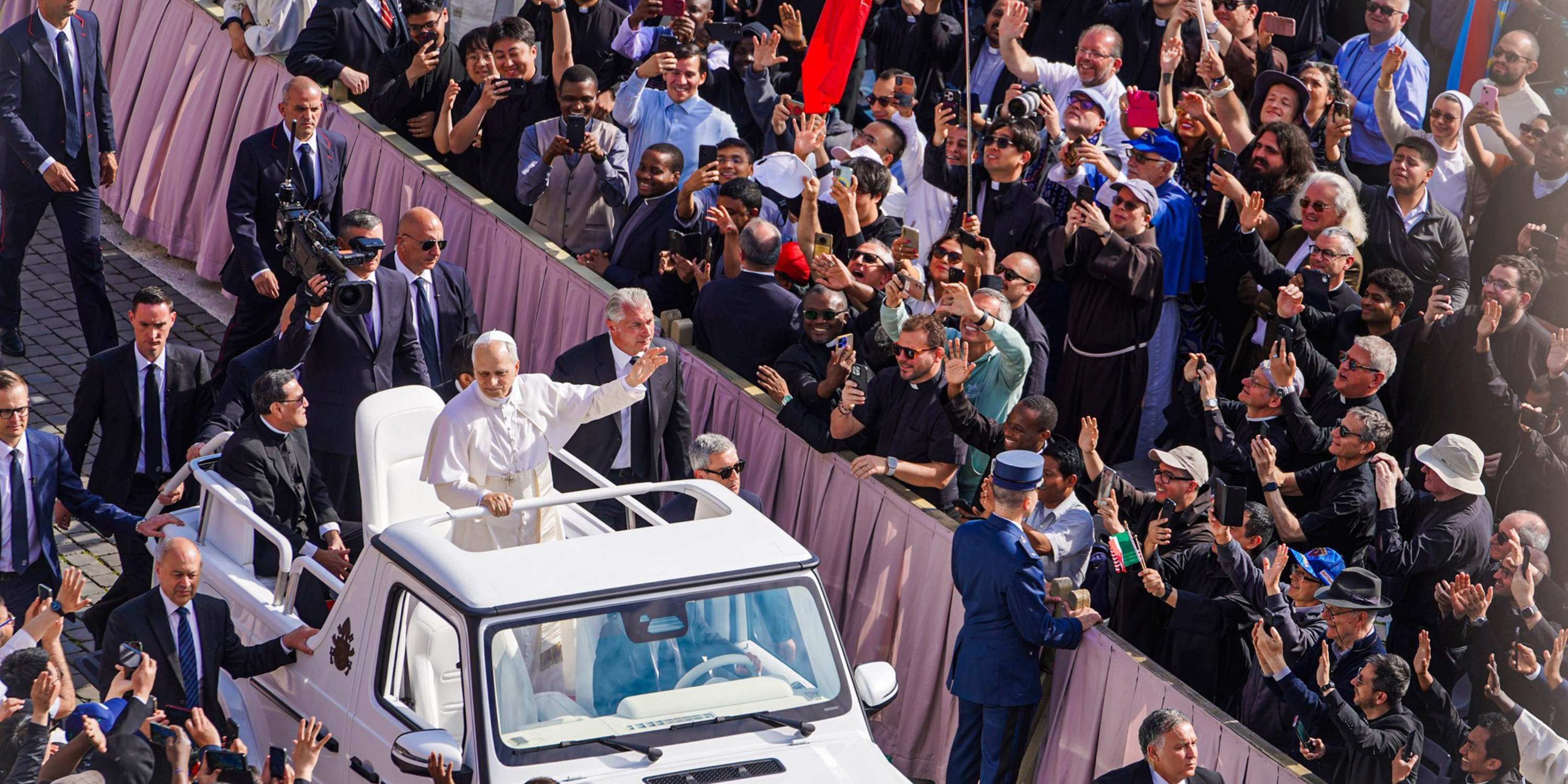 Pope Leo XIV in the popemobile at his inauguration, 2025.