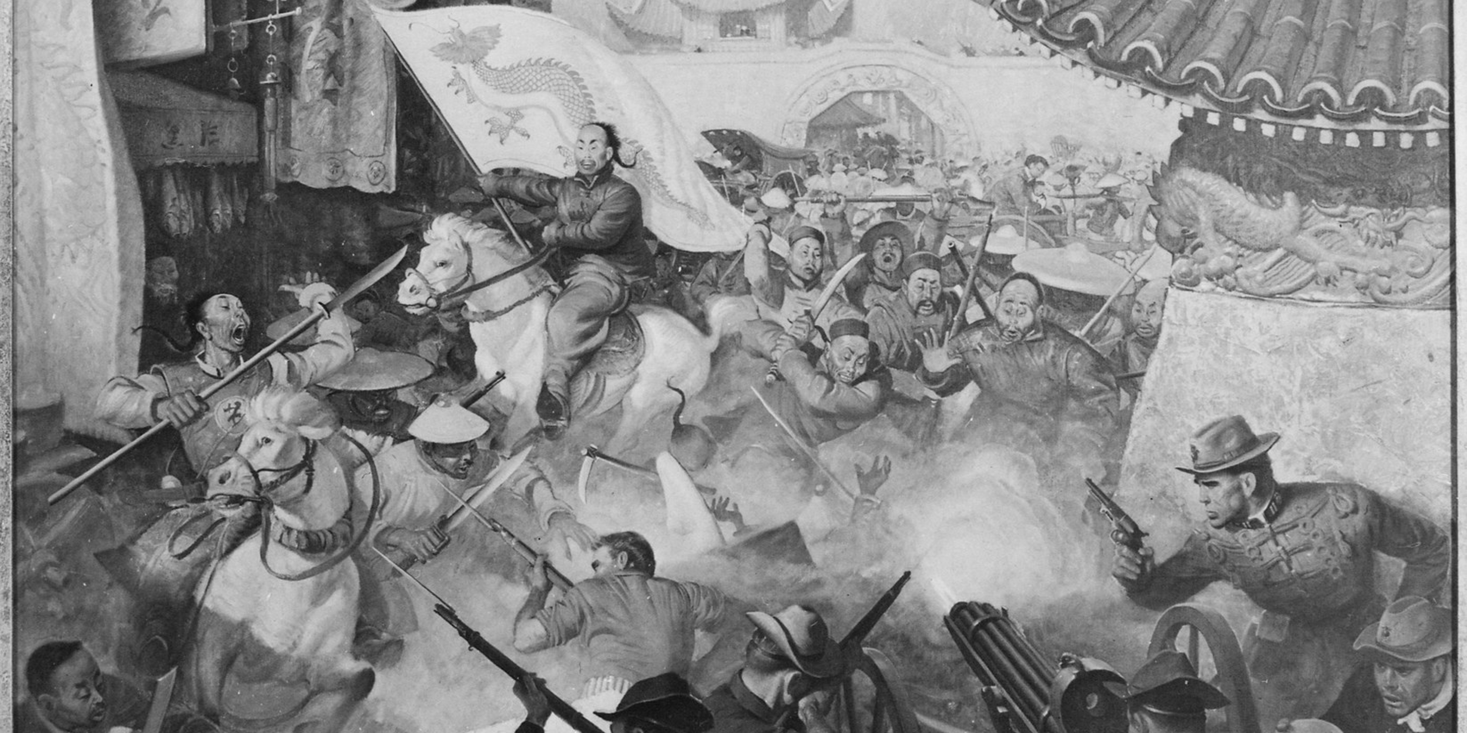 US Marines fight rebellious Boxers outside Beijing Legation Quarter, 1900 – copy of painting by Sergeant John Clymer