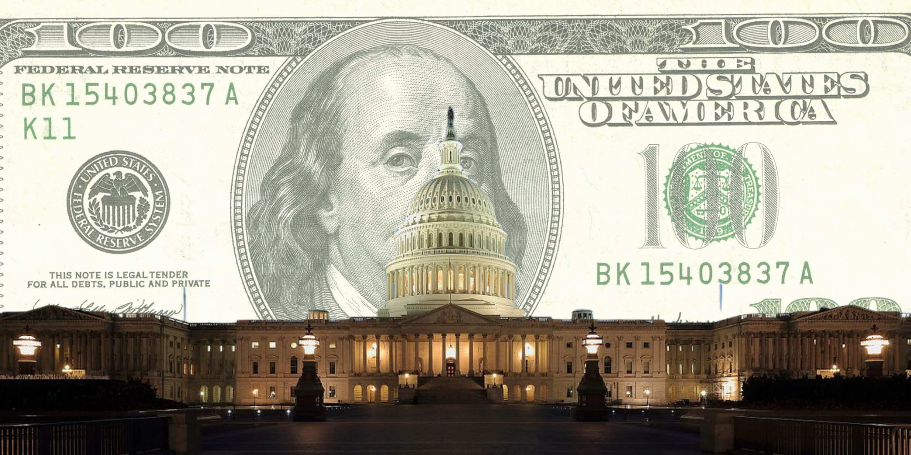 The U.S. Capitol building lit up at night in front of a one hundred U.S. dollar bill. 