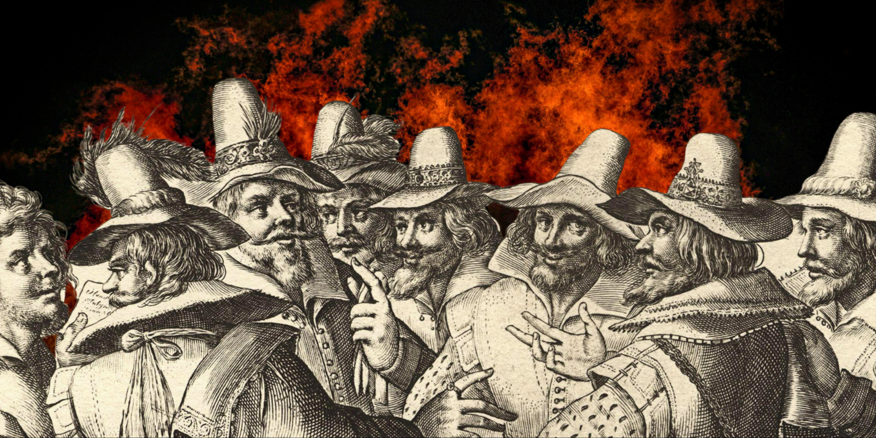 Gunpowder Plot conspirators in front of a bonfire celebrating Guy Fawkes Night.