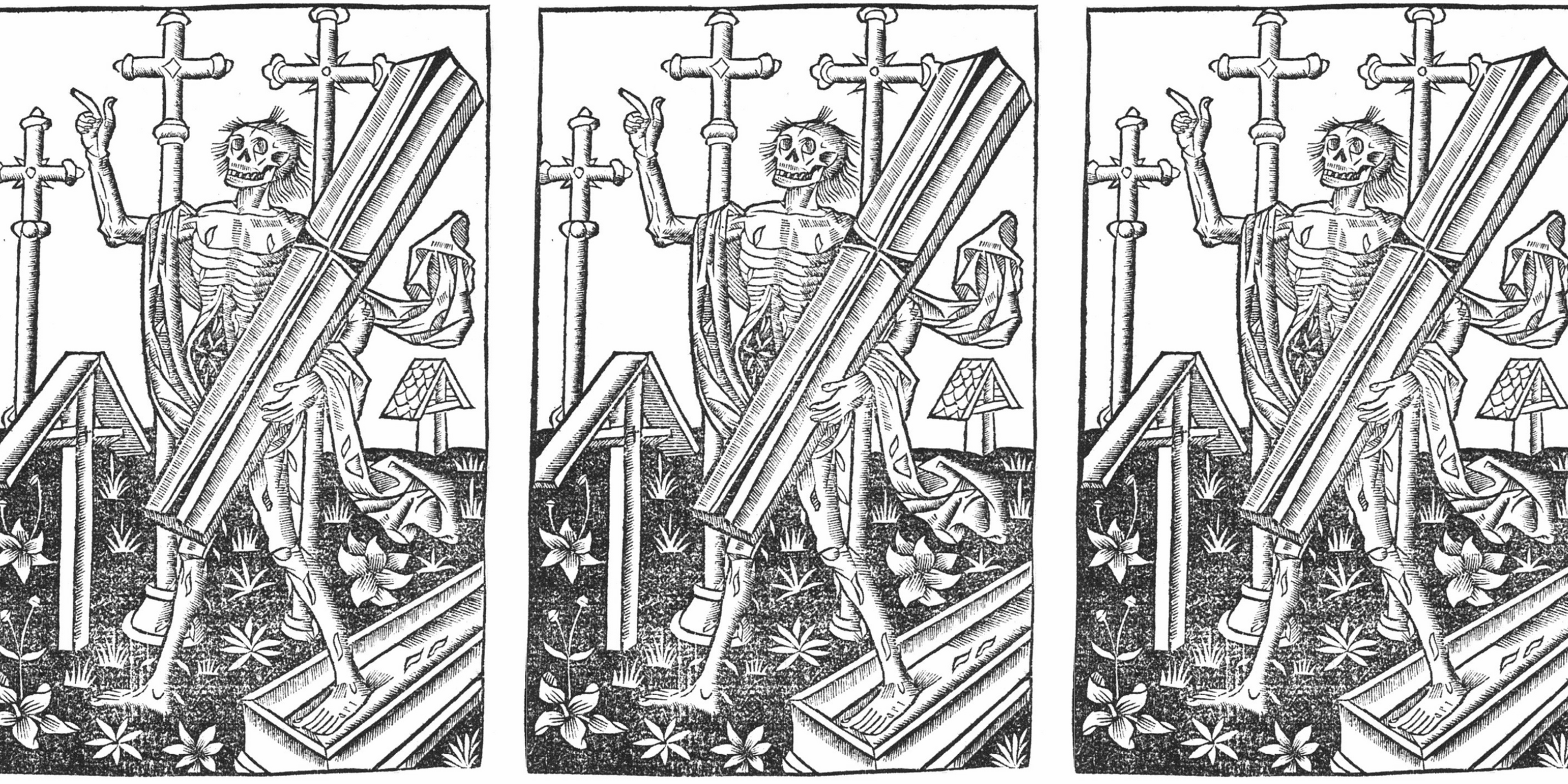 A corpse rising from its grave, a facsimile of an illustration in a 1600s book. The original is held by the Bavarian State Library.