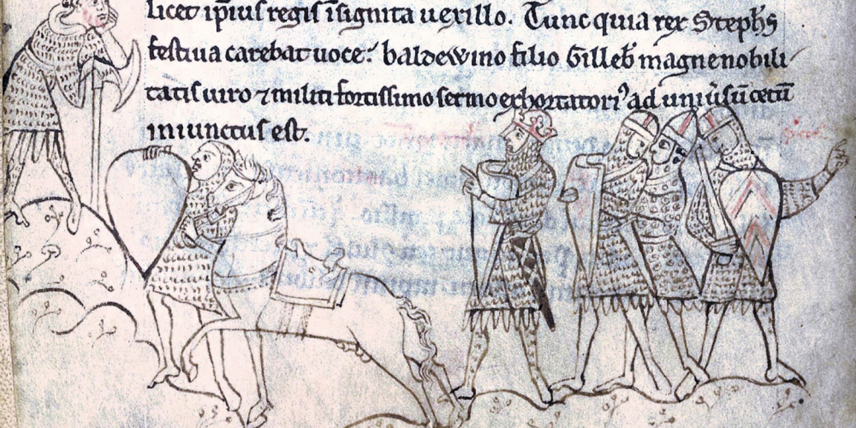 contemporary illustration of the Battle of Lincoln in 1141, from the Historia Anglorum; Stephen (wearing a crown, fourth from the right) is listening to Baldwin of Clare orating a battle speech (left).