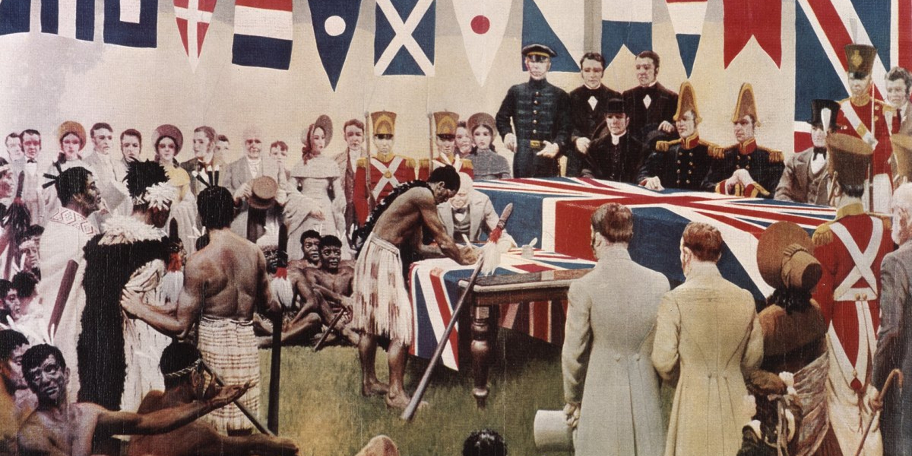 1939 Reconstruction of a Māori man signing the Treaty of Waitangi as British officers look on