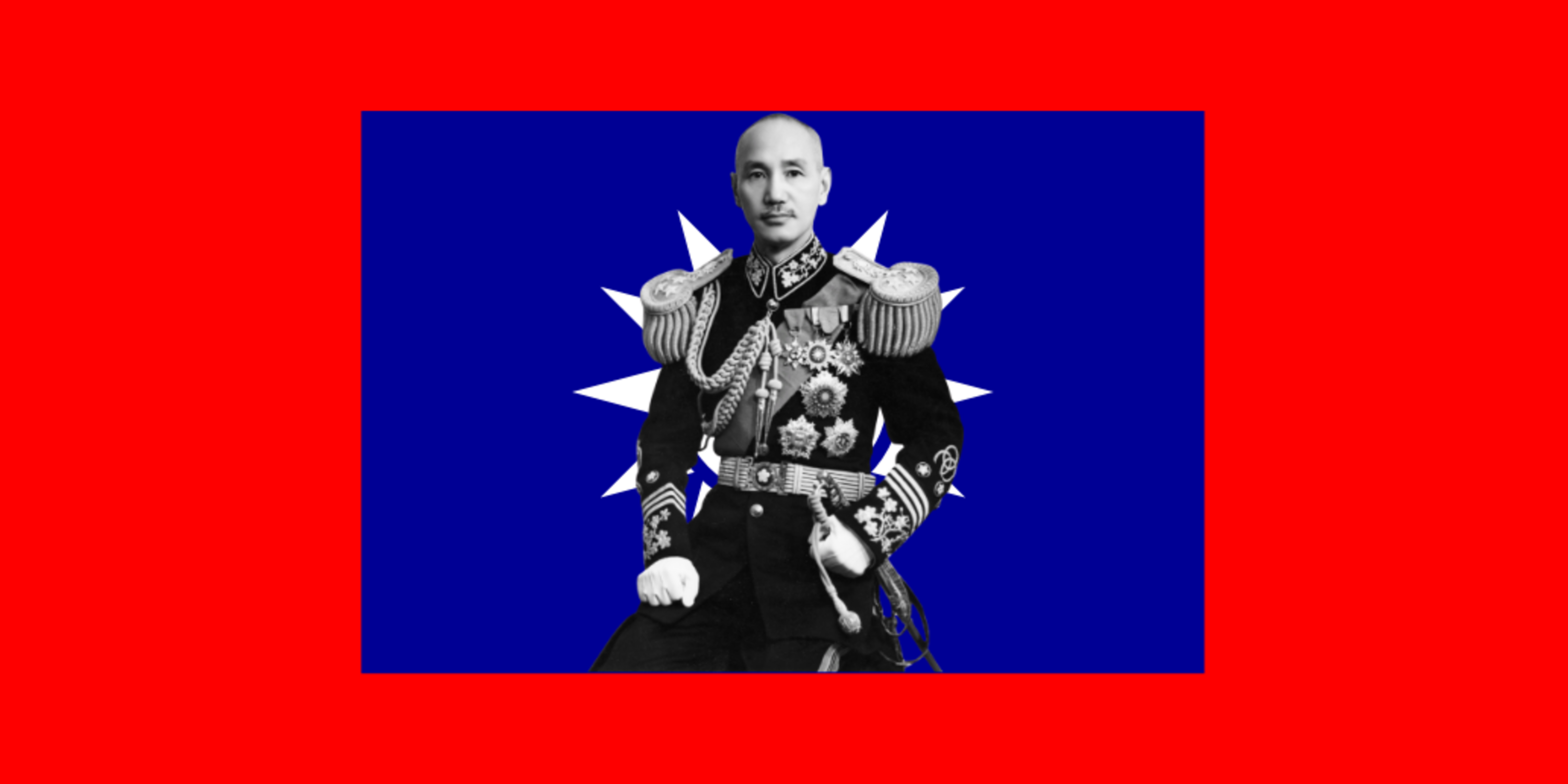 Chiang Kai Shek in front of a background of the National Revolutionary Army's flag.