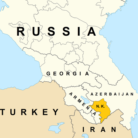 Location of Nagorno-Karabakh highlighted within the post-Soviet Caucasus.