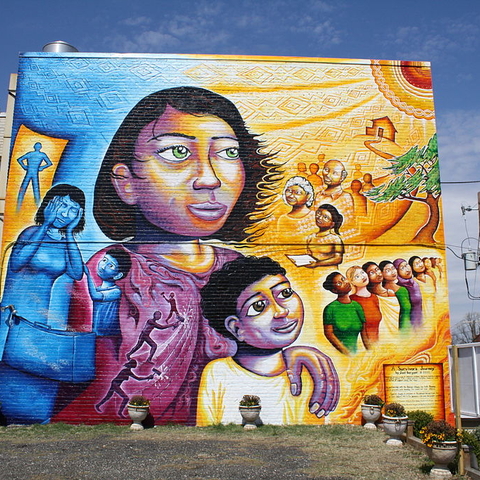 Artist Joel Bergner's mural in Brooklyn, New York, entitled A Survivor's Journey.