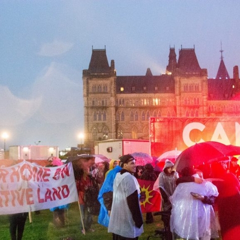 Protesters on Parliament Hill during Canada’s 150th birthday celebrations in 2017.