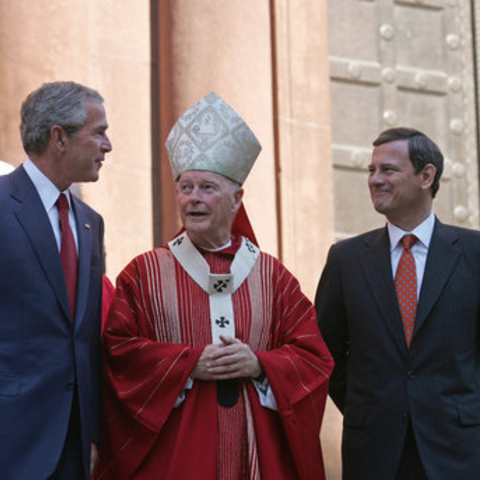 Cardinal Theodore E. McCarrick with Supreme Court Chief Justice John Roberts and President George W. Bush.