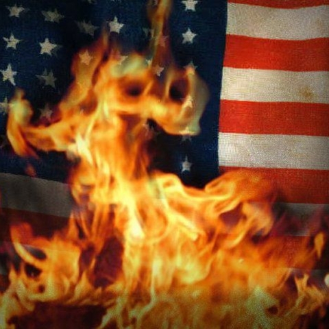 American flag on fire.