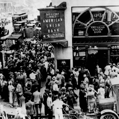 A Depression-Era Bank Run at American Union Bank in the early part of the Depression. Hoover's Presidency took much of the blame for the economic crisis. A Depression-Era Bank Run at American Union Bank in the early part of the Depression. Hoover's Presidency took much of the blame for the economic crisis.