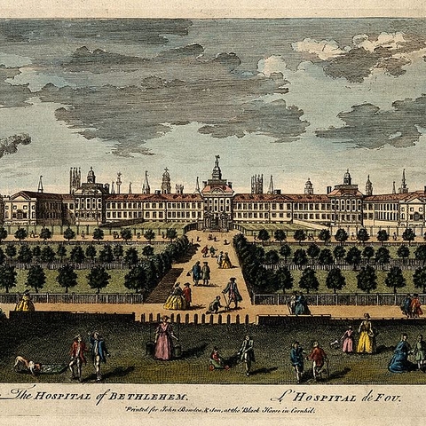 An engraving of Bethlem Royal Psychiatric Hospital in London, England around 1750.