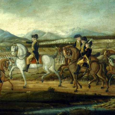 President George Washington leading troops against a populist uprising.