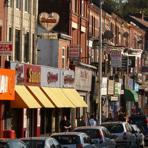 Pakistani shops and restaurants in Manchester, England.