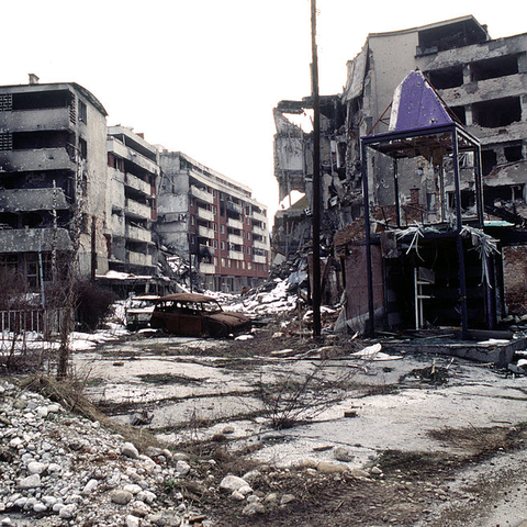 War-torn apartment buildings in Grbavica, Bosnia.