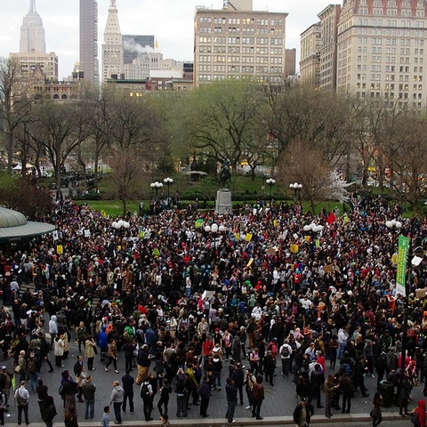 Hoodied Protestors meet in Union Square to protest shooting of Trayvon Martin.