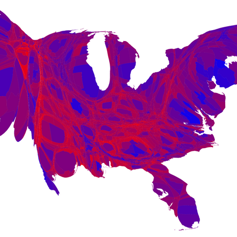 A map of the U.S. with the popular vote from the 2012 election.