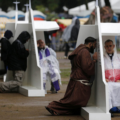Temporary confessional booths set up in Rio de Janeiro, Brazil.
