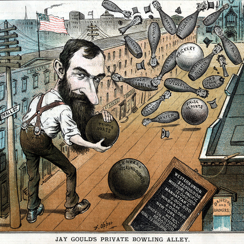 An 1882 cartoon showing Jay Gould on Wall Street, depicted as a bowling alley.