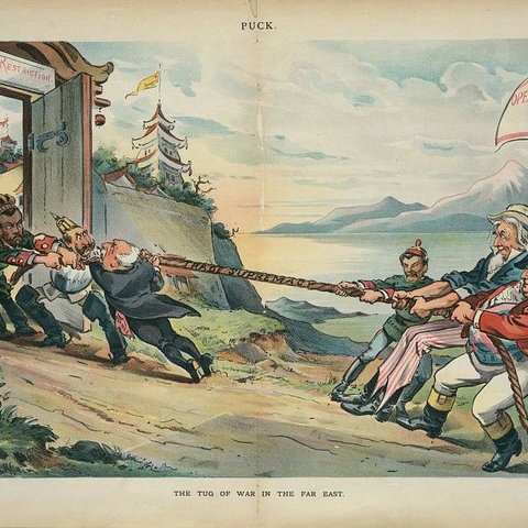 A Puck Magazine cartoon from 1898 depicting the U.S.’s Open Door Policy towards China as a tug of war.