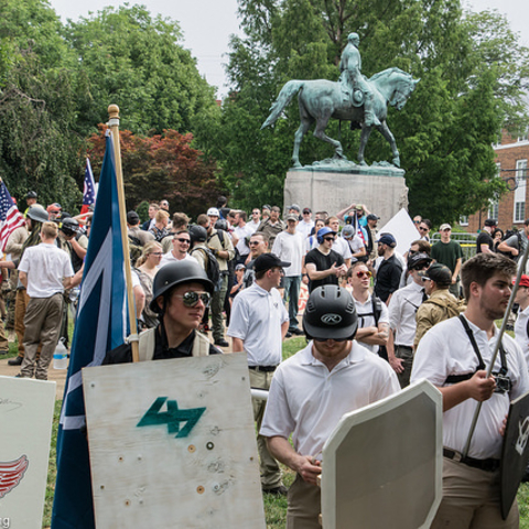 Assorted alt-right groups in front of Charlottesville’s statue.