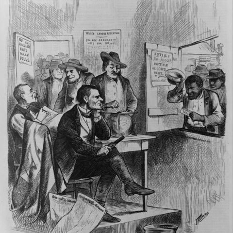A Harper’s Weekly cartoon depicting voter suppression.