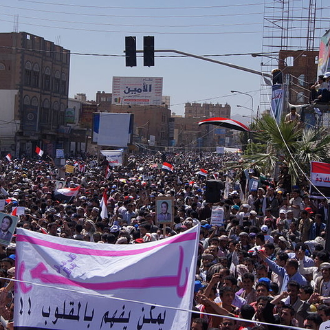 Tens of thousands of protesters marching to Sana’a University in March 2011.
