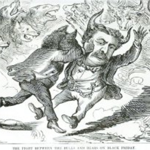 A cartoon depicting James Fisk being knocked down by a bear market on Black Friday 1869.