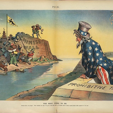An 1898 print depicting Uncle Sam behind a 'Prohibitive Tariff' wall.