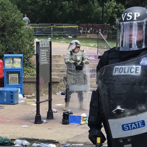 Virginia National Guard soldiers and Virginia State Police in the aftermath of the Unite the Right rally.