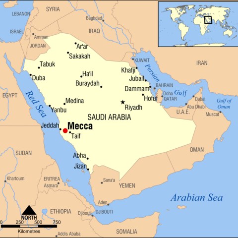 Map showing the location of Mecca in Saudi Arabia.