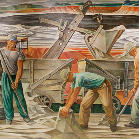 A mural of bauxite miners from the 1940s in Benton, AR.