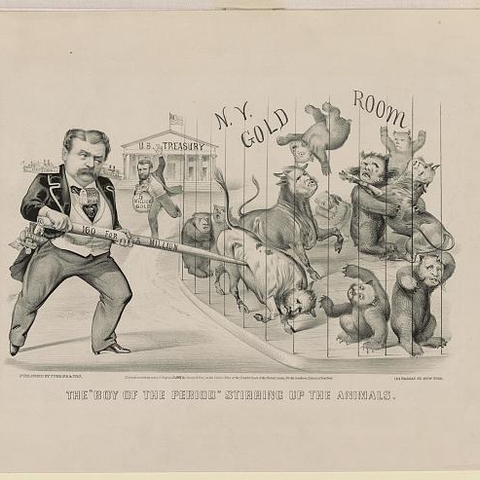 An 1869 cartoon showing Jay Gould attempting to corner the gold market, depicted as bears and bulls in a cage.
