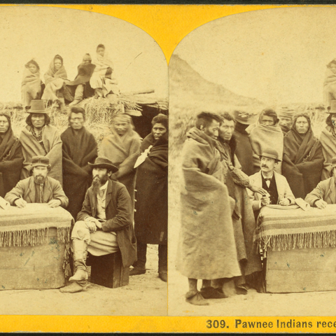 Pawnee Indians receiving a government annuity in the 1890s.