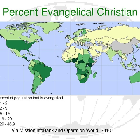 A 2010 map showing the percent of the population that is evangelical.