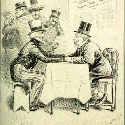 A political cartoon from 1913 in which Uncle Sam sits at a table with a Chinese official.