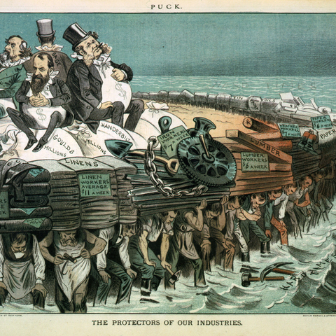 An 1883 political cartoon depicting industrialists atop their bagged wealth on a raft.