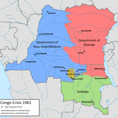 A 1961 map of the factions in the Congo.