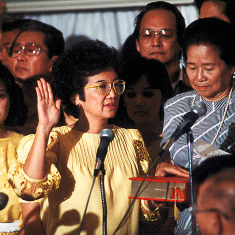 Corazon 'Cory' Aquino swearing in.