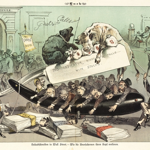An 1881 lithograph depicting the manipulation of Wall Street by Jay Gould.
