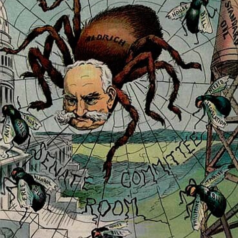 A 1906 cartoon depicting Senator Nelson Aldrich as a spider.