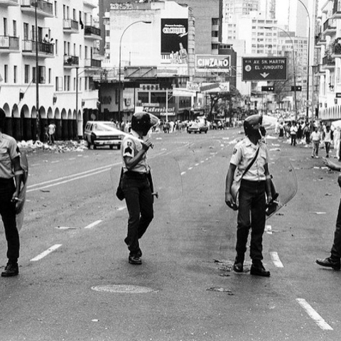 Police patrolling after the riots, known as Caracazo.
