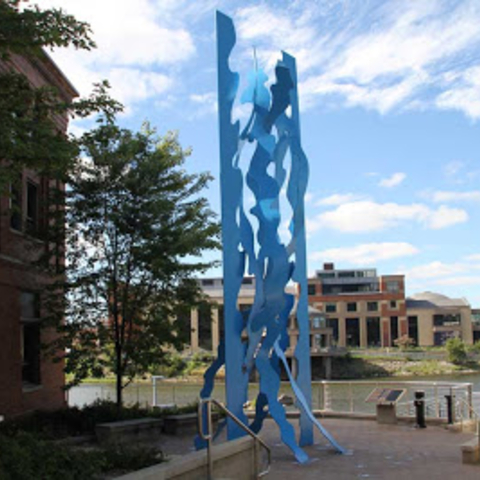 The sculpture 'Steel Water' commemorates Grand Rapid’s role as the first city to fluoridate its water supply.
