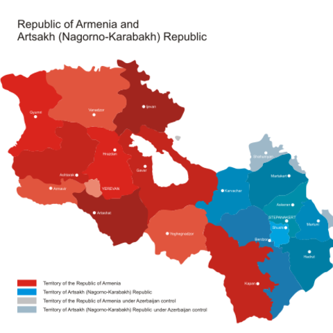 A map of the Republic of Armenia and Artsakh Republic.