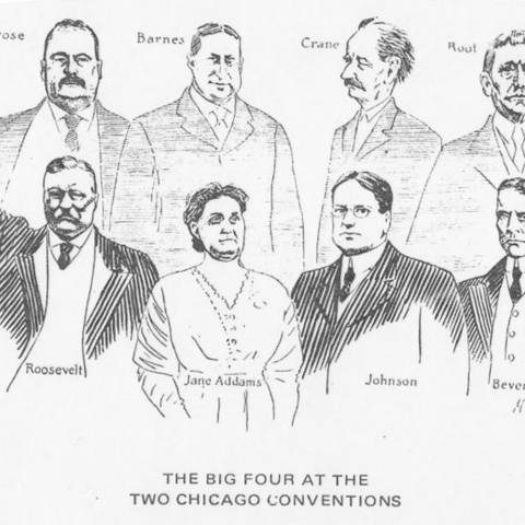 This cartoon shows prominent Progressives standing in front of Republicans in 1912.