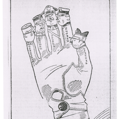 Boris Efimov's 1925 cartoon depicts Austin Chamberlain's hand controlling anti-Soviet leaders.