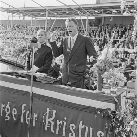Billy Graham preaching in Oslo, Norway.
