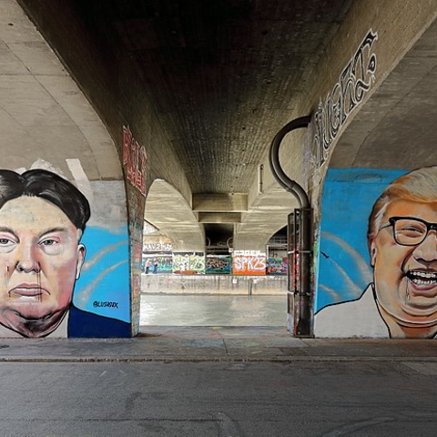 Graffiti in Vienna, Austria of U.S. President Donald Trump and North Korean leader Kim Jong-un.