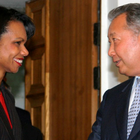 Kyrgyzstan President Kurmanbek Bakiyev with then Secretary of State Condoleeza Rice, 2006  
