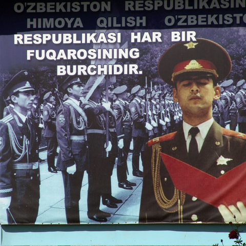 Propaganda Poster in Tashkent, Uzbekistan: “It is the duty of every citizen to defend the Republic of Uzbekistan”  